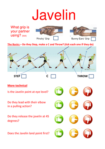 Beginner Javelin Peer Assesment Sheet