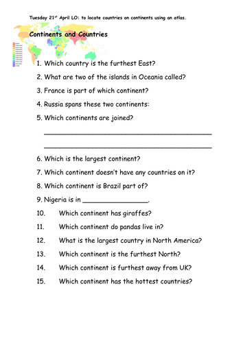 Countries By Continent Quiz Continents And Countries Quiz | Teaching Resources