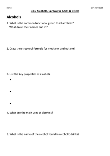 AQA C3.6 Alcohols, Carboxylic Acids and Esters