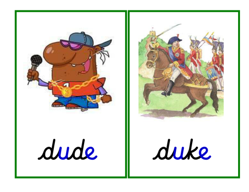 Phase 5: u-e grapheme [magic 'e' - split digraph]: table cards, pictures, game and ppt.