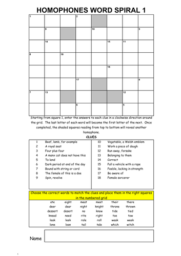 HOMOPHONES WORD SPIRALS