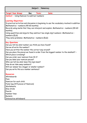 Observed lesson plan teaching subtraction using Numicon