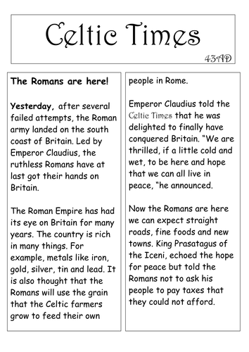 Roman invasion of Britain newspaper model recount text. | Teaching