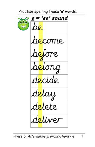 Phase 5 alternative pronunciation of the letter e: [as in he, equal] table cards and presentation