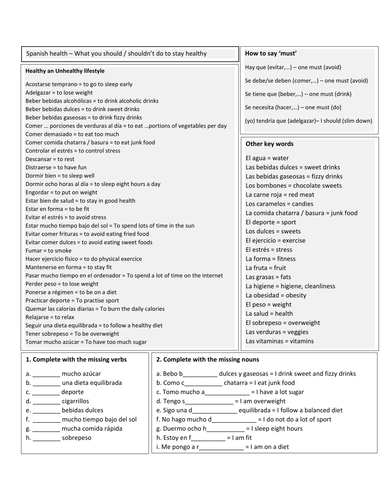 grade vocabulary 4 worksheet Spanish by work vocabulary out  'Healthy lifestyle'
