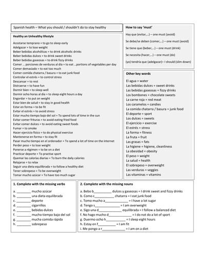 worksheet vocabulary grade 4 Spanish vocabulary lifestyle' by work out   'Healthy