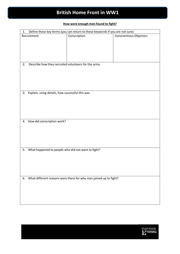 British Home Front in WW1 - Recruitment and Conscription Flippedlearning video and WS