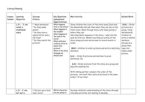 Jack and The Beanstalk Planning for Year1/Reception