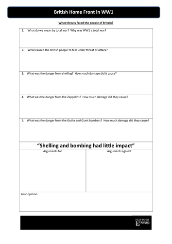 British Home Front in WW1 - Shelling and Bombing - Flippedlearning video and worksheet