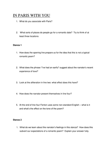 AQA GCSE English Literature Moon on the Tides: In Paris With You comprehension questions