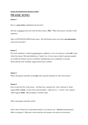 AQA GCSE English Literature Praise Song resources