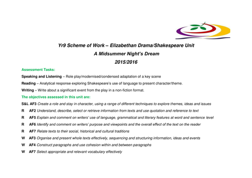 Yr9 SOW A Midsummer Night's Dream