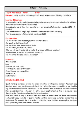 Numeracy lesson for Reception making Number bonds to 10 using Numcion