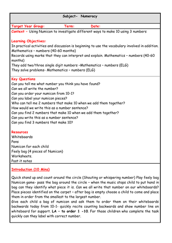 Numeracy lesson for Reception on investigating 3 numbers that make 10 using Numicon