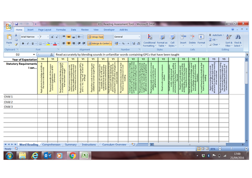 New Curriculum KS1 English (Reading) Assessment Spreadsheet Tool