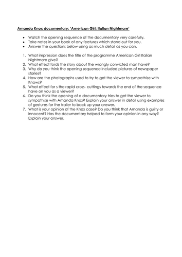 Documentary activity Amanda Knox GCSE/ AS Media