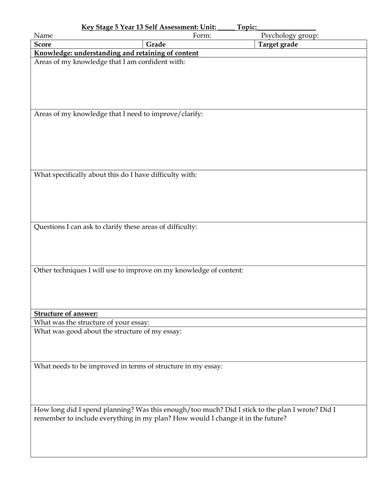 SELF ASSESSMENT FORMS FOR A LEVEL PSYCHOLOGY