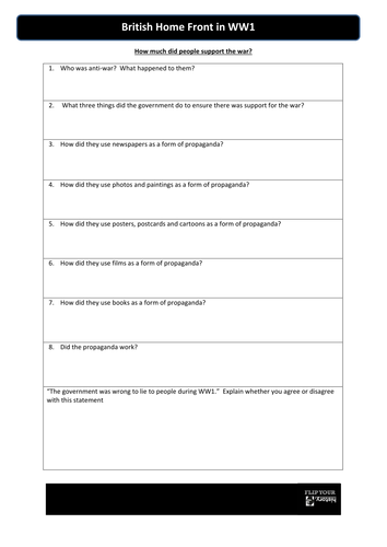 British Home Front in WW1 - Support for the war and propaganda - flippedlearning video and WS