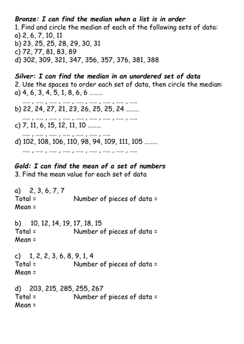Differentiated Median and Mean worksheet for L3