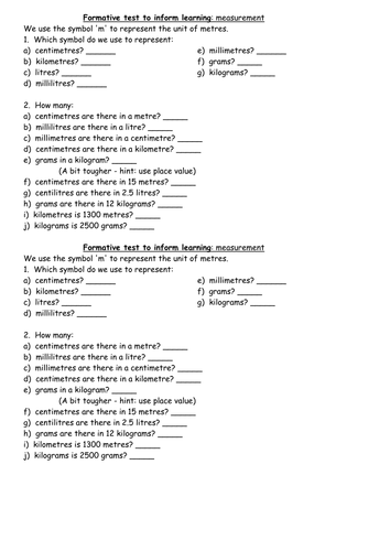Measurement formative test Y4 Y5 or Y6