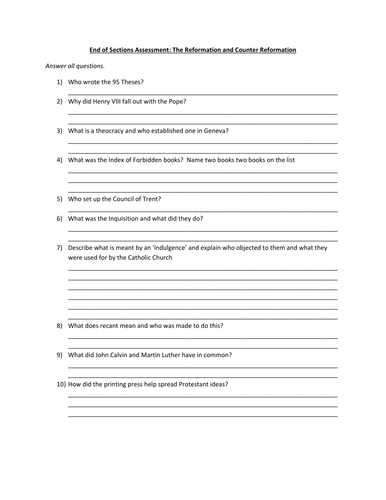 The Reformation and Counter Reformation: A quick assessment | Teaching