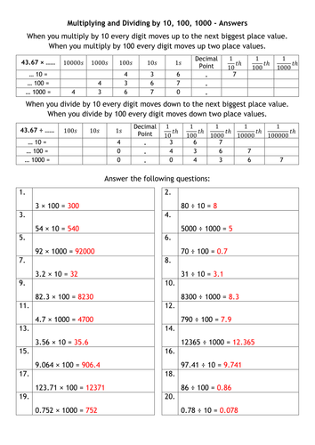 Multiplying And Dividing By 10,100,1000 And Metric Conversions | Teaching Resources