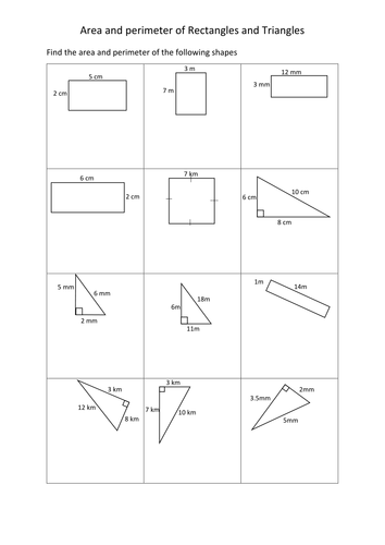 Area and perimeter of rectangles and triangles worksheets