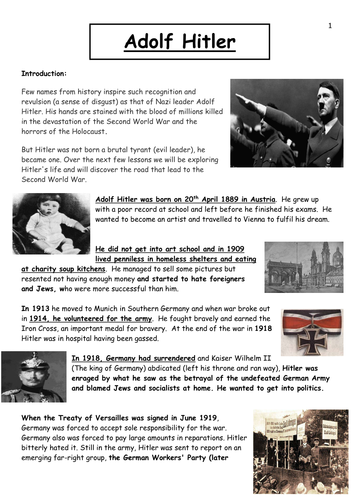 Introduction to Adolf Hitler and The Second World War (Early life timeline of events)