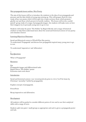 War Propaganda/ Rupert Brooke/ War Poetry: full Ofsted lesson with plan and all resources