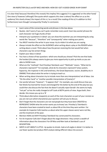 AQA GCSE English Literature exam advice sheet: Of Mice and Men and An Inspector Calls