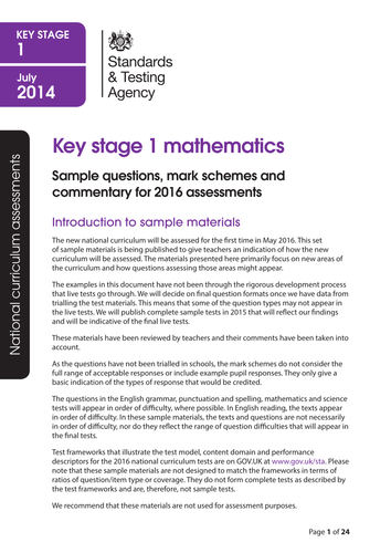 Key Stage 1 2016 sample maths test