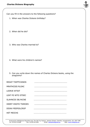 Dickens and Shakespeare Biography Questions and word search
