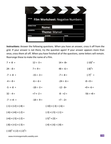 Film worksheet: negative numbers