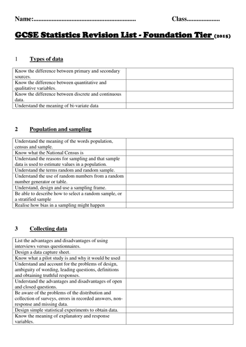 Revision Lists for GCSE Statistics - Foundation and Higher