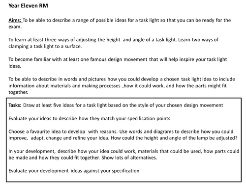 Year eleven Resistant Materials Task Light Development