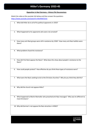 Opposition in Nazi Germany - flippedlearning History File video link and WS
