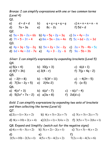 Expand brackets and simplify expressions differentiated worksheet