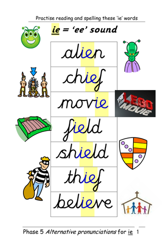 Phase 5 alternative pronunciation of 'ie' [ee sound as in pixie,]. Table cards, Chart and ppt.