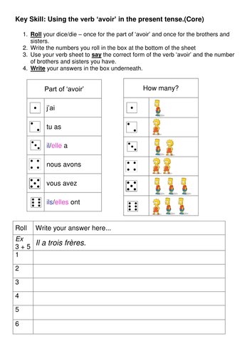 Dice grids to generate speaking and writing using avoir and brothers and sisters