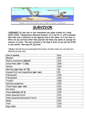 Desert Island Survival Game Worksheets 