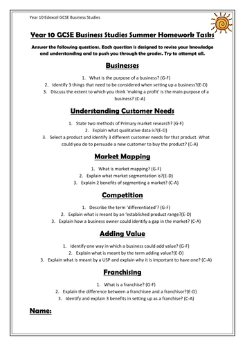 GCSE Business Studies Edexcel spec Year 10 Summer Homework Tasks