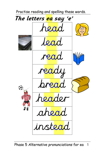 Phase 5 alternative pronunciation of 'ea' [e sound, as in head], Table cards, revision chart and ppt