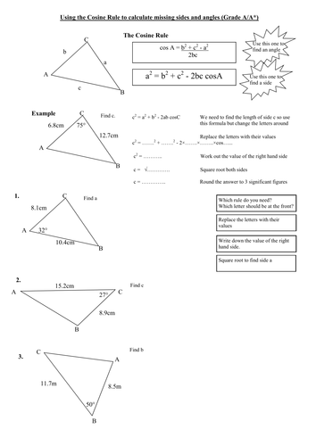 Using the cosine rule structured worksheet