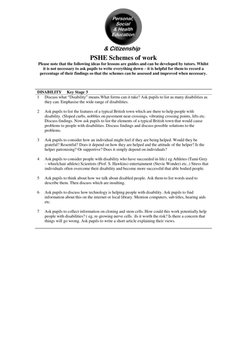 PSHCE Discussion Activities - Disability. Updated