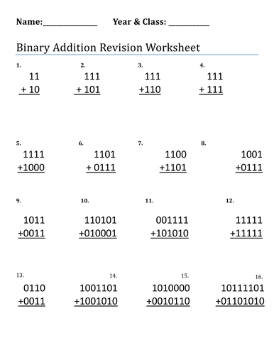 Binary Addition and Subtraction | Teaching Resources