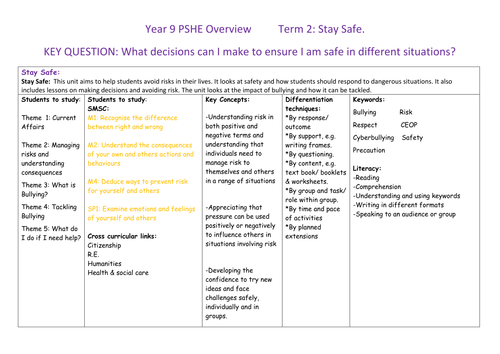 Year 9 PSHE scheme of work on safety and bullying