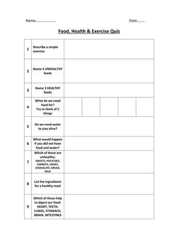 Food, Health and Excercise quiz
