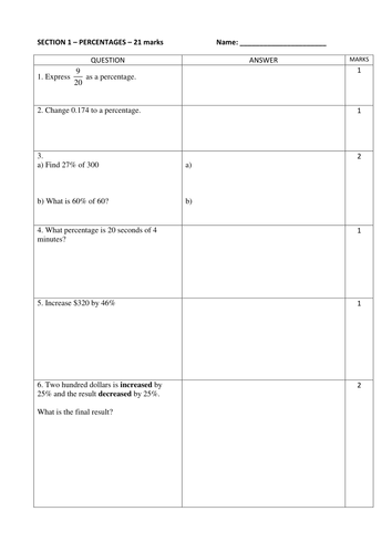 year 8 percentage paper teaching resources