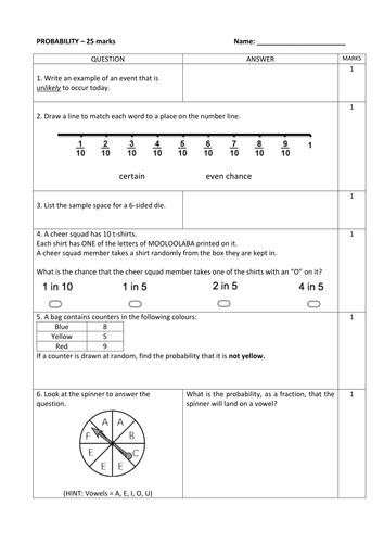 Year 8 Probability Paper