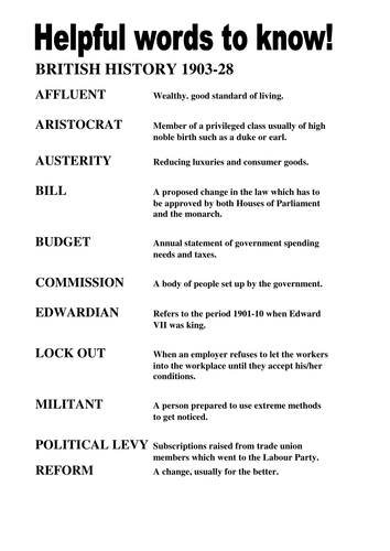 Key Word sheets for Modern World History GCSE 